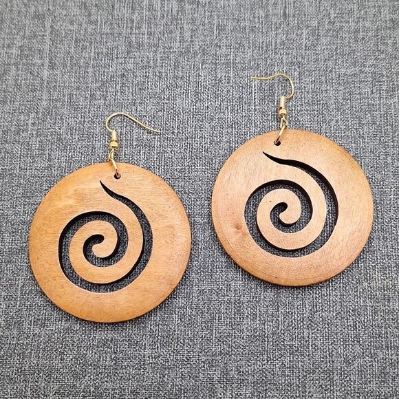 Brown wooden boho swirl earrings lightweight jewelry - Picture 1 of 4